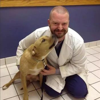 veterinarian posing with a pitbull